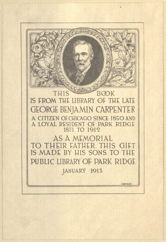 Bookplate of Carpenter books given to the Library of Park Ridge, IL.