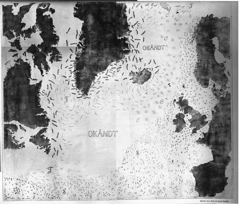 Cleve's map of the North Altantic phytoplankton in summer. "Okändt" signifies unknown.
